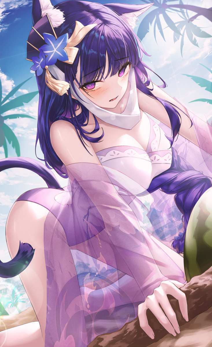 1girl adapted_costume all_fours animal_ears bare_shoulders braid breasts cat_ears cat_girl cat_tail cleavage crown_hair_ornament day embarrassed food fruit genshin_impact h2o_(dfo) highres kemonomimi_mode large_breasts long_hair looking_at_viewer mole mole_under_eye off_shoulder one-piece_swimsuit open_mouth outdoors purple_eyes purple_hair purple_one-piece_swimsuit raiden_shogun see-through single_braid solo swimsuit tail tassel thighs very_long_hair watermelon