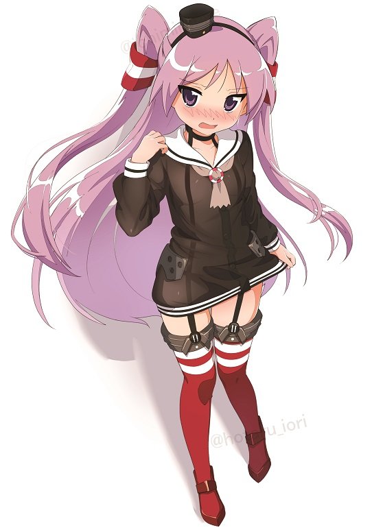 1girl amatsukaze_(kancolle) amatsukaze_(kancolle)_(cosplay) black_shirt blush commentary_request cosplay embarrassed floating_hair full_body garter_straps hiiragi_kagami hotaru_iori kantai_collection long_hair long_sleeves looking_at_viewer lucky_star nose_blush open_mouth parted_bangs purple_eyes purple_hair red_thighhighs sailor_collar see-through see-through_shirt shirt shirt_hold simple_background solo standing thighhighs tsurime twitter_username two_side_up very_long_hair white_background white_sailor_collar zettai_ryouiki