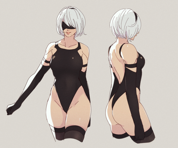 1girl arm_strap ass backless_leotard black_blindfold black_gloves black_hairband black_leotard black_thighhighs blindfold commentary cosplay elbow_gloves gloves hairband hanpetos highleg highleg_leotard leotard mole mole_under_mouth nier:automata nier_(series) short_hair skindentation thighhighs thong_leotard white_hair yorha_no._2_type_b yorha_type_a_no._2 yorha_type_a_no._2_(cosplay)