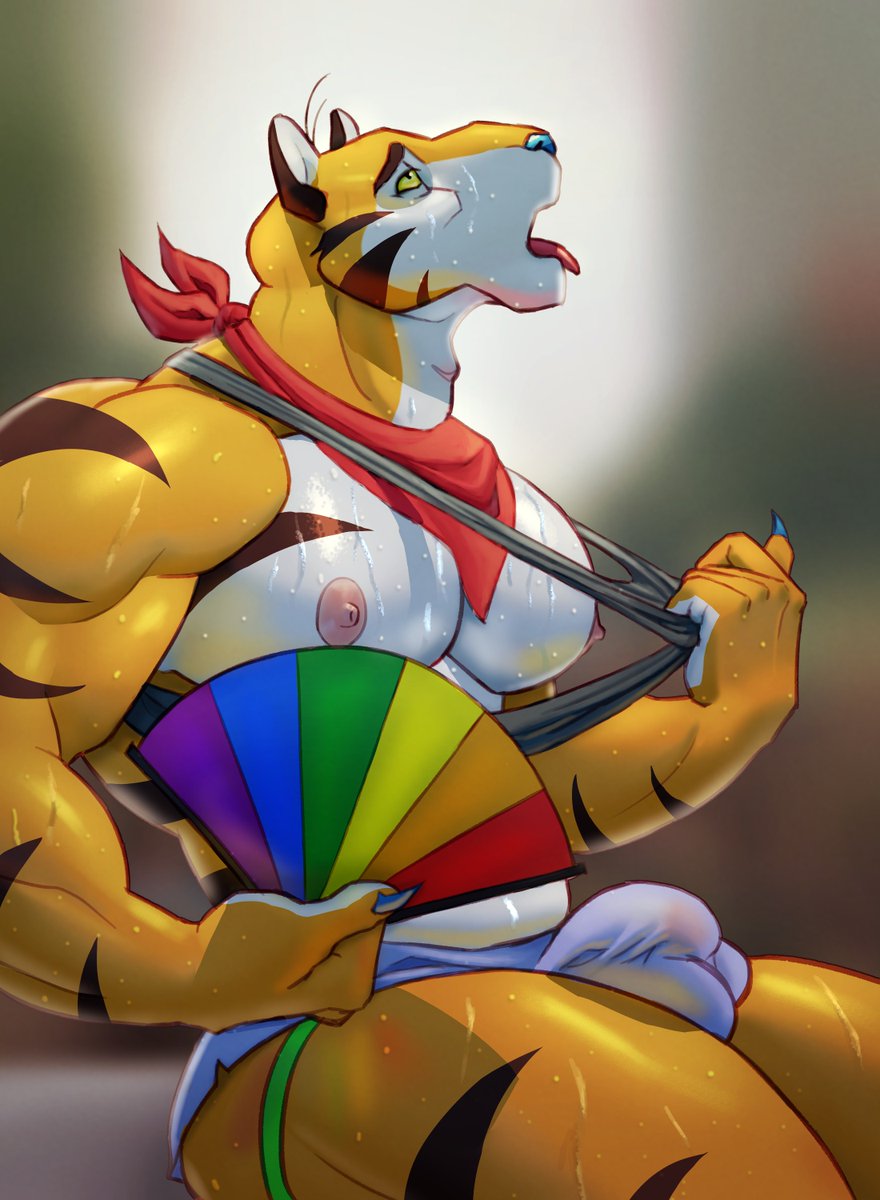 2023 after_exercise anthro barazoku biceps big_bulge big_muscles big_pecs blurred_background bodily_fluids bottomwear bulge claws clothing eyebrows felid frosted_flakes fur grossy_vulpen hand_fan hi_res hotpants huge_muscles jockstrap kellogg's lgbt_pride male mammal mascot muscular muscular_anthro muscular_male narrowed_eyes neckerchief nipples open_mouth pantherine pecs pride_colors rainbow_pride_colors shirt shorts side_view simple_background sitting solo sweat tank_top thick_thighs tiger tongue tongue_out tony_the_tiger topwear tuft underwear