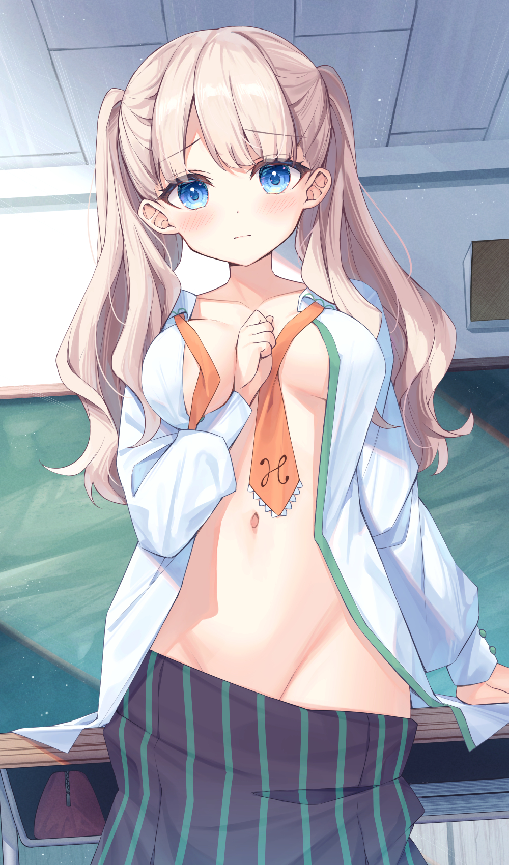 1girl arisa_eloise_beau-regard arm_between_breasts between_breasts black_skirt blue_eyes blush breasts brown_hair closed_mouth clothes_pull commentary_request desk groin hand_up highres indoors long_hair long_sleeves looking_at_viewer medium_breasts navel necktie open_clothes open_shirt orange_necktie puffy_long_sleeves puffy_sleeves raramagi satsuki_yukimi school_desk school_uniform shirt skirt skirt_pull solo striped striped_skirt twintails vertical-striped_skirt vertical_stripes white_shirt