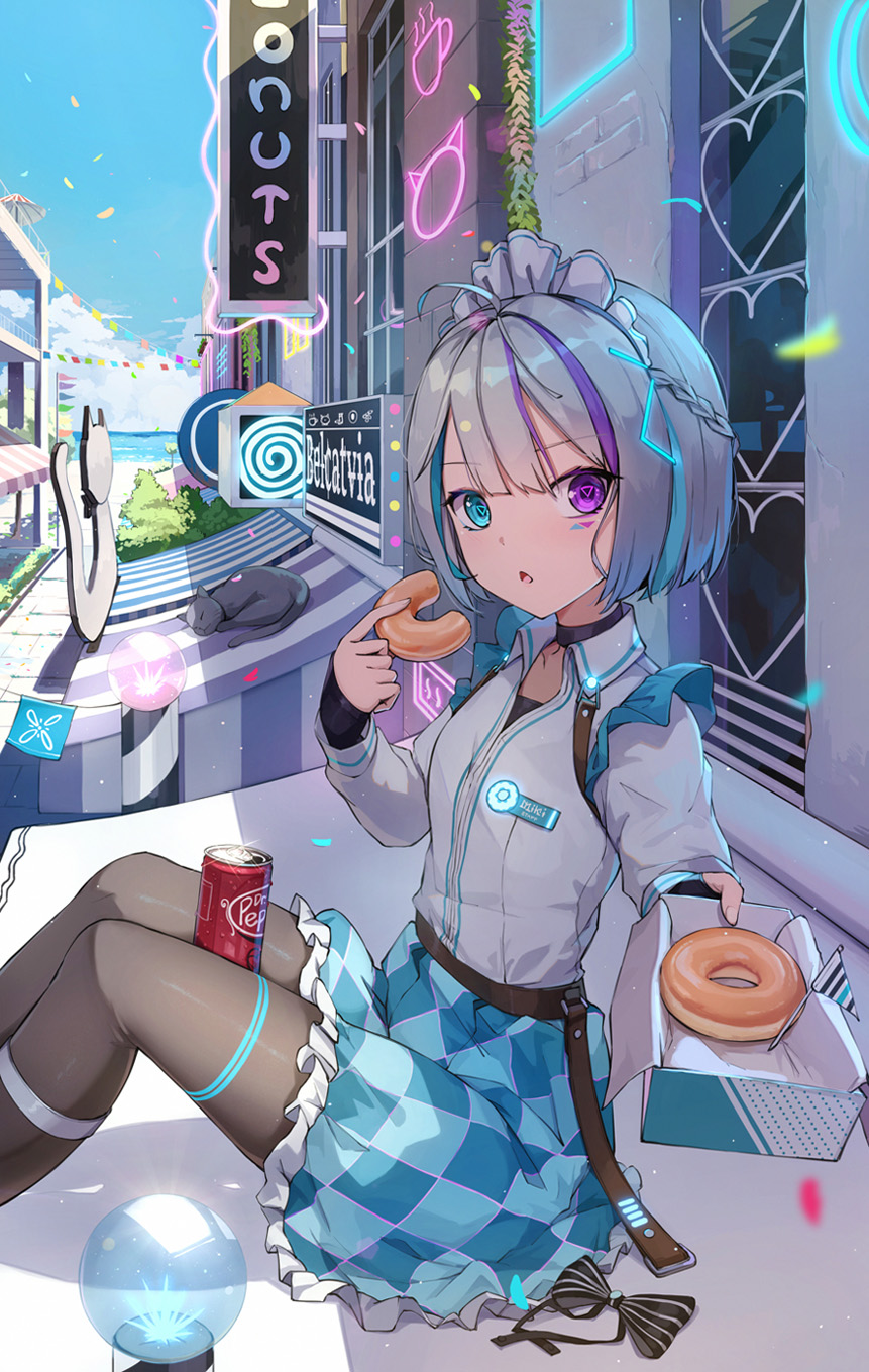 1girl ahoge animal between_thighs black_cat black_pantyhose blue_eyes blue_hair blue_skirt blue_sky box braid brick_wall can cat checkered_clothes checkered_skirt chestnut_mouth cloud collared_shirt commentary_request day doughnut dr_pepper dress_shirt feet_out_of_frame food frilled_skirt frills grey_hair heterochromia highres holding holding_box holding_food horizon knees_up liclac long_sleeves looking_at_viewer maid multicolored_hair neon_lights ocean original outdoors pantyhose parted_lips pastry_box purple_eyes purple_hair shirt skirt sky solo streaked_hair water white_shirt window