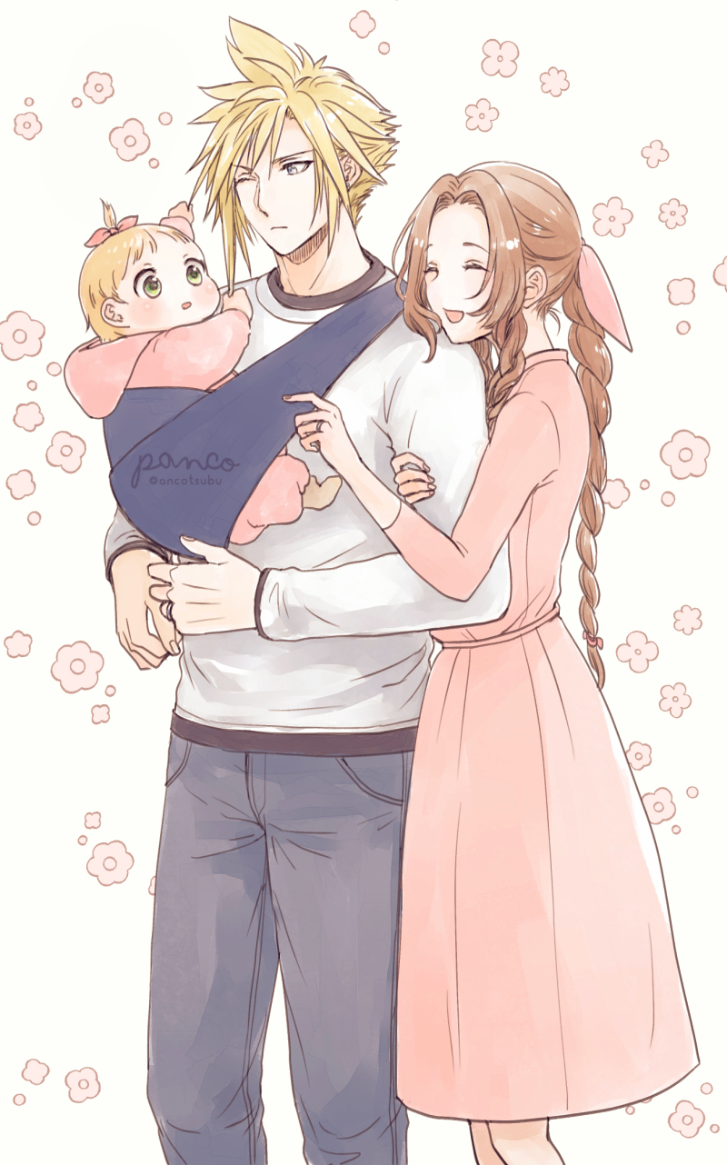 1boy 2girls aerith_gainsborough alternate_costume ancotsubu artist_name baby blonde_hair blue_pants blush braid braided_ponytail brown_hair casual closed_eyes cloud_strife dress family feet_out_of_frame final_fantasy final_fantasy_vii final_fantasy_vii_remake floral_background green_eyes hair_between_eyes hair_ribbon highres holding_another's_arm holding_baby hood hood_down hoodie if_they_mated jewelry long_dress long_sleeves multiple_girls one_eye_closed open_mouth pants parent_and_child parted_bangs pink_dress pink_hoodie pink_ribbon ribbon ring shirt shirt_under_shirt short_hair sidelocks single_braid smile spiked_hair standing twitter_username very_short_hair wavy_hair white_shirt