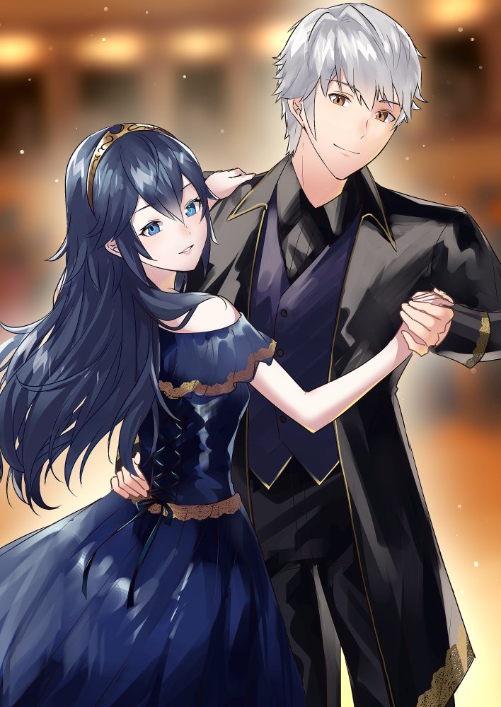 1boy 1girl alternate_costume ameno_(a_meno0) bare_shoulders black_pants black_suit blue_dress blue_eyes blue_hair brown_eyes closed_mouth commentary_request dancing dress fire_emblem fire_emblem_awakening formal grin hair_between_eyes hand_on_another's_hip hand_on_another's_shoulder holding_hands lips long_hair long_sleeves looking_at_viewer lucina_(fire_emblem) pants pink_lips robin_(fire_emblem) robin_(male)_(fire_emblem) short_hair sleeveless sleeveless_dress smile suit tiara waltz_(dance) white_hair