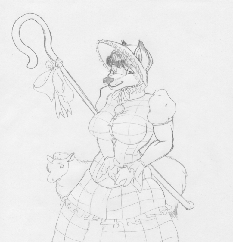 2011 ambiguous_gender anthro big_breasts bovid breasts canid canine canis caprine clothed clothing danellz dress duo female feral fur headgear headwear mammal sheep shepherd's_crook sketch traditional_media_(artwork) wolf wool_(fur)
