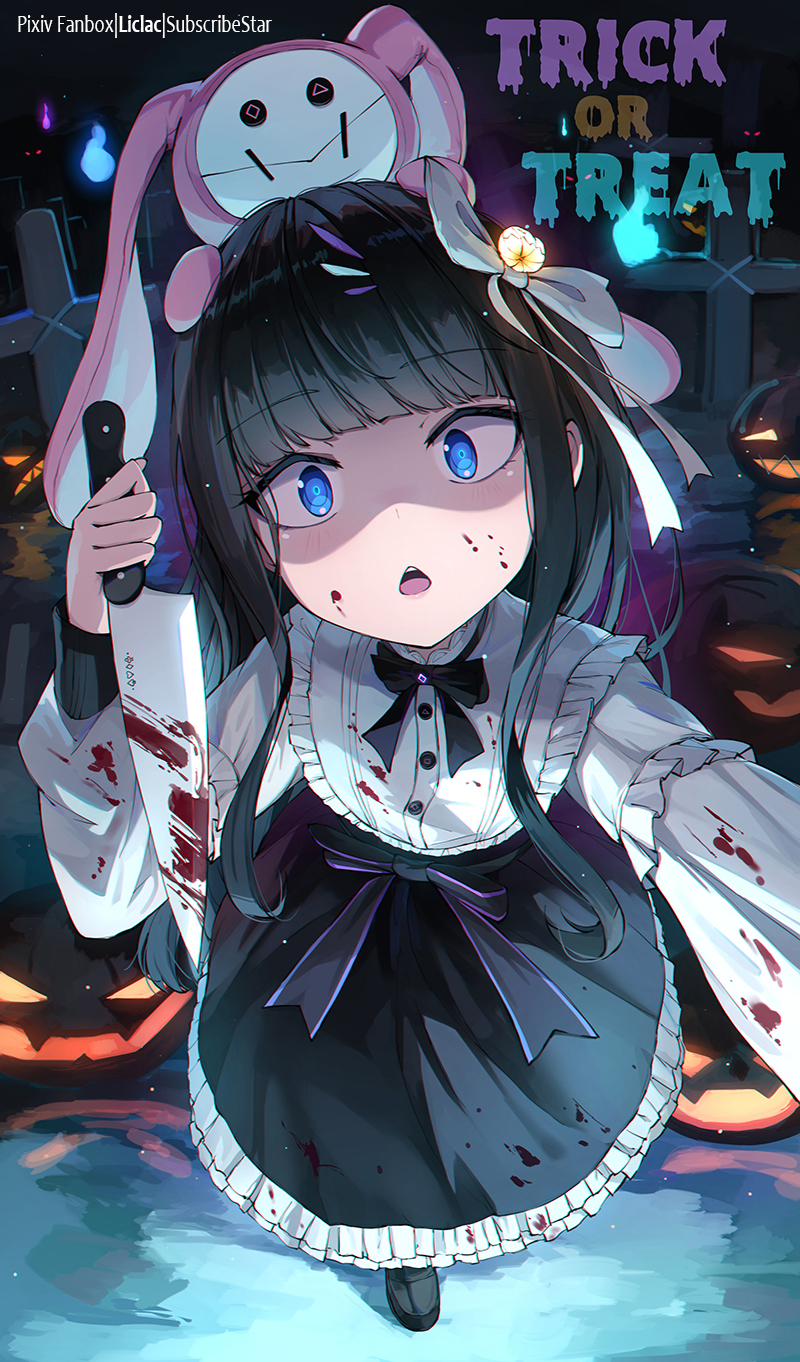 black_bow black_footwear black_hair black_skirt blood blood_on_clothes blood_on_knife blue_eyes bow commentary_request frilled_shirt frilled_skirt frills glowing hair_bow halloween highres holding holding_knife jack-o'-lantern knife liclac long_hair long_sleeves looking_at_viewer on_head open_mouth original puffy_long_sleeves puffy_sleeves shaded_face shirt shoes skirt solo stuffed_animal stuffed_rabbit stuffed_toy trick_or_treat very_long_hair white_bow white_shirt