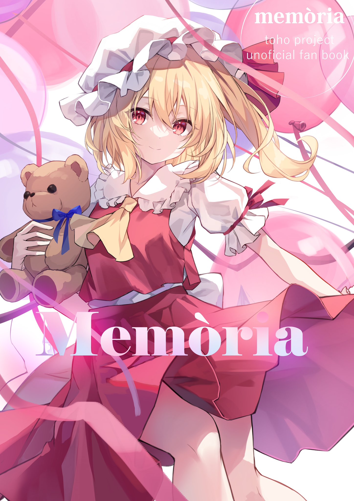 1girl ascot bare_legs blonde_hair breasts closed_mouth feet_out_of_frame flandre_scarlet frilled_shirt_collar frills hair_between_eyes highres holding holding_stuffed_toy kure~pu light_smile medium_hair mob one_side_up pink_eyes red_ribbon red_skirt red_vest ribbon skirt skirt_set small_breasts solo stuffed_animal stuffed_toy teddy_bear touhou vest yellow_ascot
