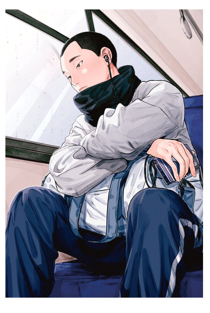 1boy bag black_eyes black_hair black_pants black_scarf bus_interior buzz_cut closed_mouth crossed_arms duffel_bag earphones grey_sweater ichinokura_satoshi long_sleeves looking_outside male_focus pants rain scarf short_hair shusyoku98 sitting slam_dunk_(series) solo sweater track_pants very_short_hair walkman water_drop window_fog