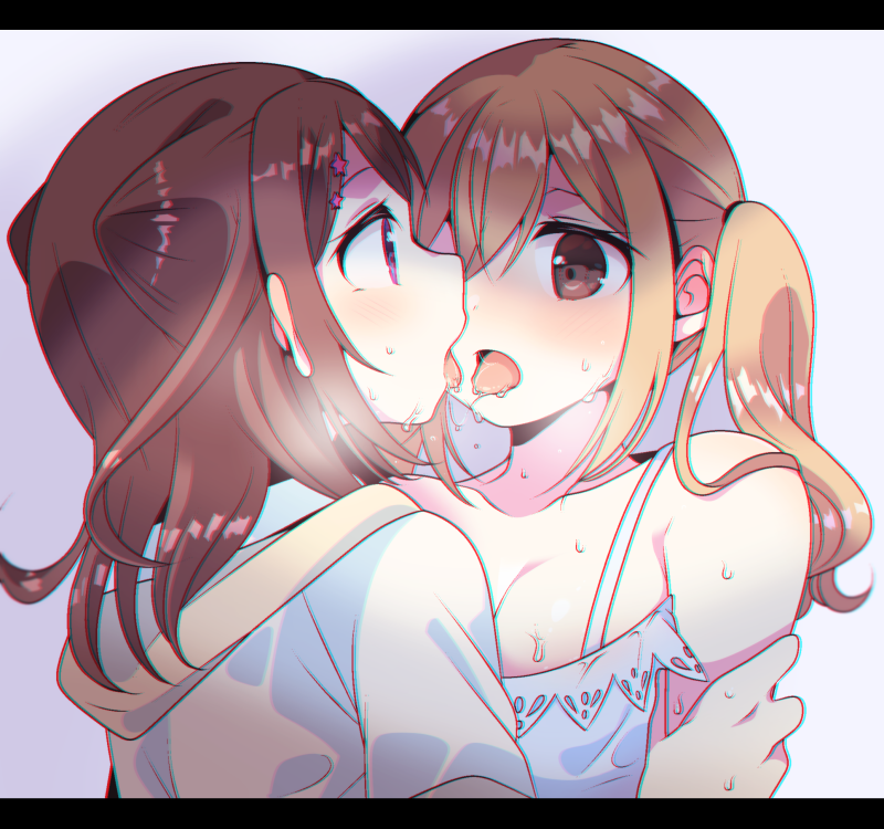 2girls after_kiss bang_dream! blonde_hair blush breasts brown_hair cleavage hair_ears hair_ornament hand_on_another's_arm hood hoodie ichigaya_arisa looking_at_another medium_hair multiple_girls natsuha_(728_24) open_mouth purple_eyes saliva saliva_trail star_(symbol) star_hair_ornament tongue tongue_out toyama_kasumi twintails white_hoodie yuri