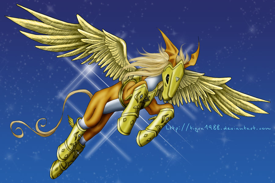 2010 armor bandai_namco black_sclera boots clothing digimon digimon_(species) digital_media_(artwork) equid equine feathers feral flying footwear green_eyes head_wings male mammal mane orange_body pegasus pegasusmon solo spread_wings tail tigra1988 white_body wings yellow_body yellow_feathers