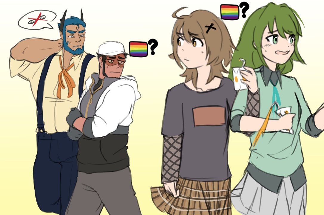2boys 2girls ? bara baseball_cap beard blue_hair brown_hair collared_shirt couple crossover demon_horns eye_contact facial_hair feet_out_of_frame flicker_of_azure gloves green_hair grey_pants hand_on_own_neck hat holding hood hood_down horns jealous just_kiss_her_already! just_kiss_him_already large_pectorals locked_arms looking_at_another mature_male meme misterpanncake multiple_boys multiple_girls muscular muscular_male nanala_(just_kiss_him_already) pants pectorals player_(flicker_of_azure) pride_flag_question_mark_(meme) rainbow_flag shaded_face shirt short_hair sketch skirt squinting suspenders sweatdrop thick_eyebrows walking wez_(flicker_of_azure) yaoi yuri