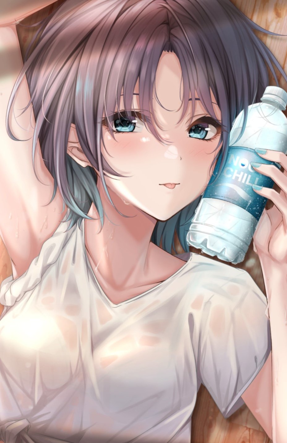 1girl arm_up armpits asakura_toru blue_eyes blue_hair blue_nails blush bottle bra bra_visible_through_clothes breasts brown_hair collarbone from_above gradient_hair hand_up highres holding holding_bottle idolmaster idolmaster_shiny_colors looking_at_viewer lying medium_breasts multicolored_hair nail_polish on_back parted_bangs see-through shirt short_hair short_sleeves sleeves_rolled_up smile solo sports_drink sweat tongue tongue_out underwear upper_body wet wet_clothes wet_shirt white_bra white_shirt wooden_floor yuzuyu_(hyui)