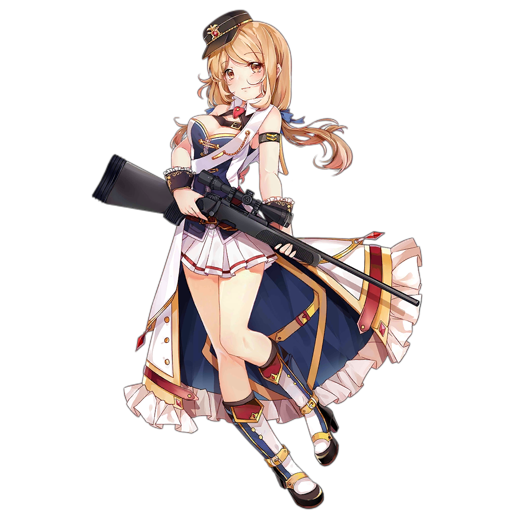 1girl black_armband black_footwear black_headwear black_wrist_cuffs blue_ribbon blush boots breasts brown_eyes brown_hair cleavage closed_mouth full_body girls'_frontline gun hair_ribbon hat high_heel_boots high_heels holding holding_gun holding_weapon kneehighs light_smile long_hair looking_at_viewer low_twintails medium_breasts military_hat natie_(latte) official_art platform_footwear pleated_skirt ribbon rifle scope shoes simple_background skirt sniper_rifle socks solo ssg_69_(girls'_frontline) transparent_background twintails weapon white_skirt white_socks