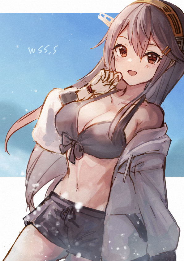 1girl bikini bikini_shorts black_bikini black_hair breasts brown_eyes hair_ornament hairband hairclip haruna_(kancolle) haruna_kai_ni_(kancolle) headgear hood hood_down hoodie kantai_collection large_breasts long_hair long_sleeves navel official_alternate_costume open_clothes open_hoodie shorts sidelocks solo swimsuit white_hoodie wss_(nicoseiga19993411)