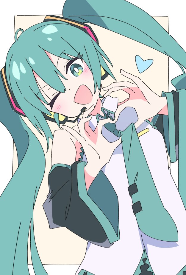 1girl ;d aqua_eyes black_sleeves detached_sleeves green_eyes green_hair green_necktie hair_between_eyes hatsune_miku headset heart heart_hands ixy long_hair looking_at_viewer necktie one_eye_closed open_mouth shirt smile sol twintails vocaloid white_shirt