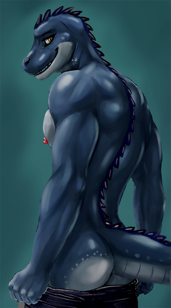 anthro athletic athletic_anthro athletic_male bleakcat blue_body blue_scales bottomwear bottomwear_down butt clothed clothing crocodilian male nipples nouss_(spooner69er) pants pants_down partially_clothed rear_view reptile scales scalie seductive shirtless smile solo spikes undressing yellow_eyes