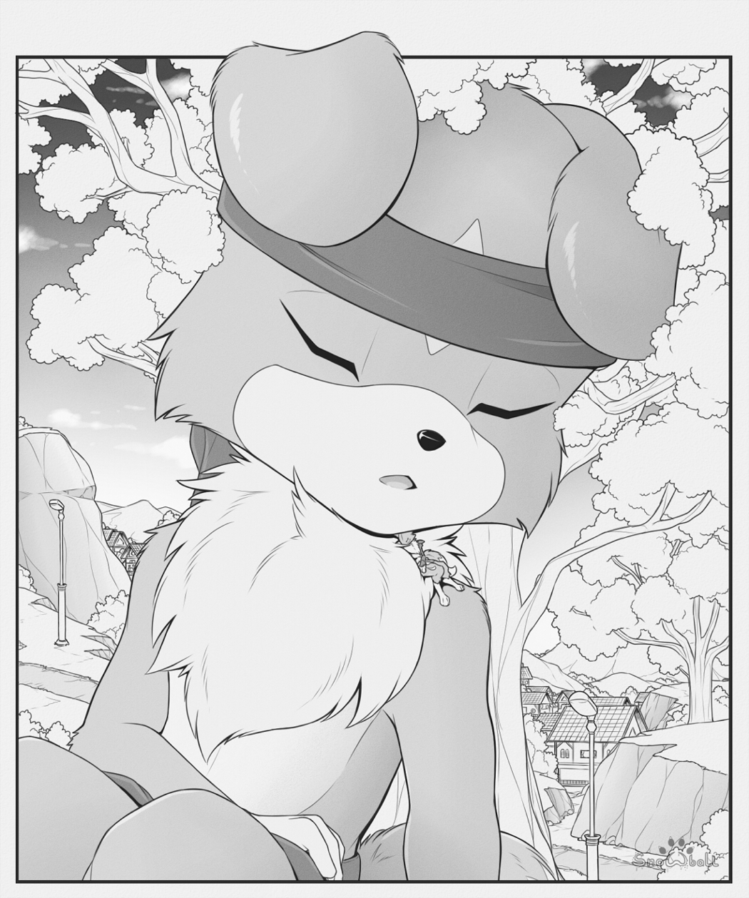 accessory ambiguous_gender anthro bandai_namco border bottomwear clothing digimon digimon_(species) digital_drawing_(artwork) digital_media_(artwork) duo fur gaomon headband hi_res houses macro micro monochrome neck_tuft nude open_mouth outside plant renamon s2-freak shorts shoulder_tuft size_difference sleeping sleeping_on_another street_lamp tree tuft watermark white_border