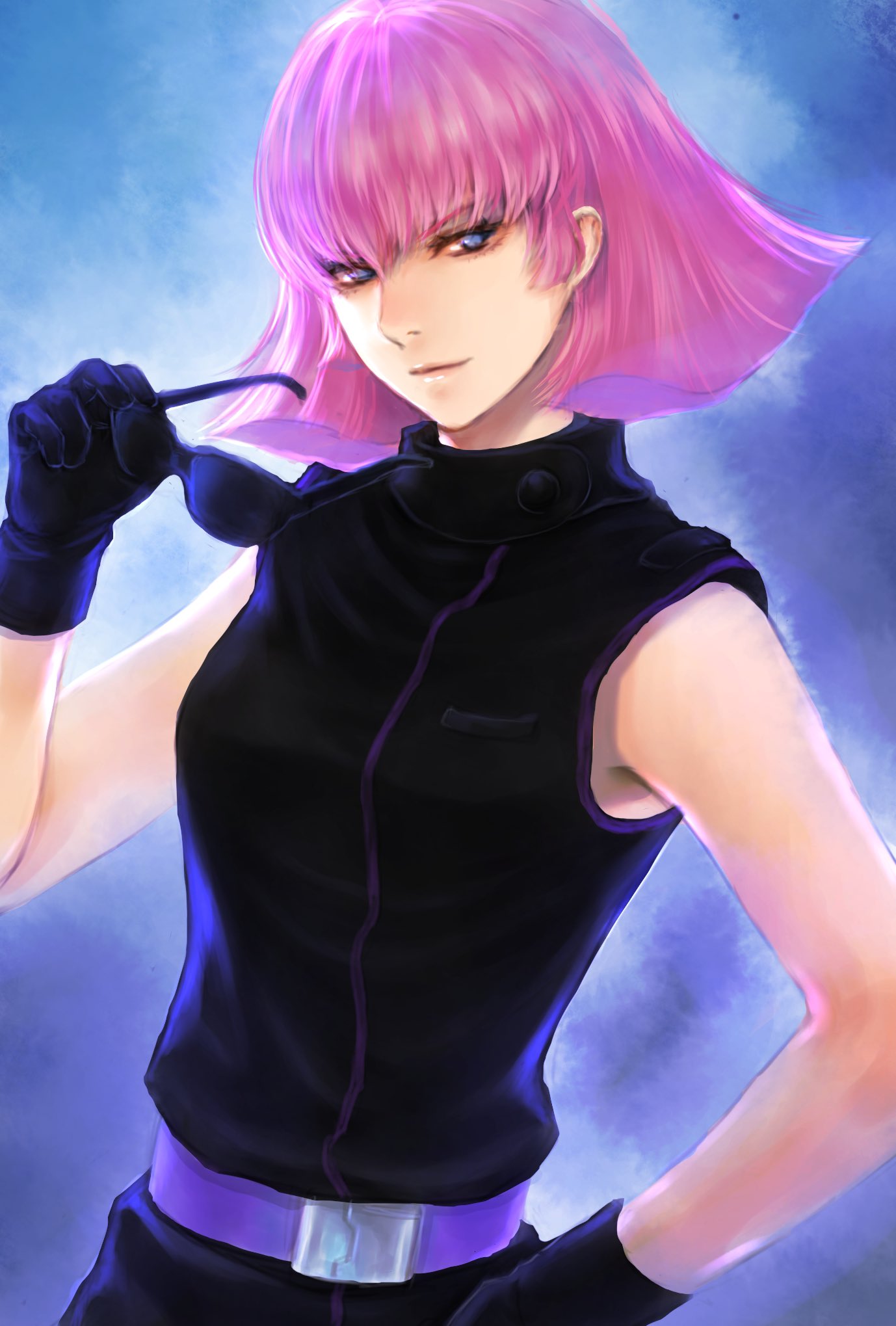 1girl belt black_gloves black_jacket blue_background blue_eyes breasts cosplay eyewear_removed gloves gundam haman_karn hand_on_own_hip highres holding holding_eyewear jacket looking_to_the_side medium_breasts pink_hair purple_belt quattro_vageena quattro_vageena_(cosplay) short_hair sleeveless sleeveless_jacket smirk solo sunglasses takeda_yuuko zeta_gundam