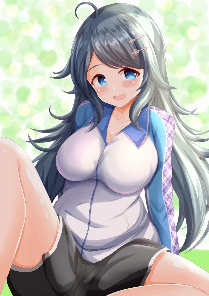 1girl :d ahoge black_hair black_shorts blue_eyes blush breasts cleavage collarbone commentary_request hair_ornament hairclip highres inohara_koboshi jacket large_breasts long_hair looking_at_viewer ongeki short_shorts shorts sitting smile solo swept_bangs track_jacket very_long_hair white_jacket zenon_(for_achieve)