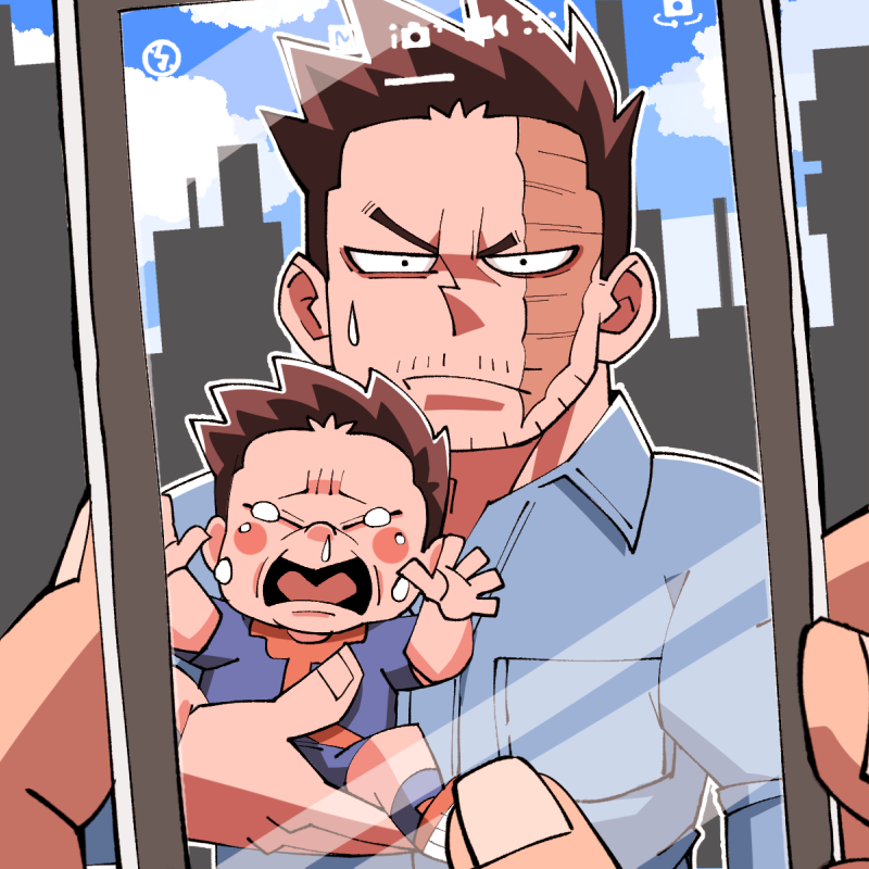 2boys baby boku_no_hero_academia collared_shirt crying deformed endeavor_(boku_no_hero_academia) facial_hair holding holding_baby holding_phone looking_at_viewer male_focus multiple_boys phone sasaki_sakichi scar scar_across_eye scar_on_face shirt short_hair spiked_hair stubble sweatdrop taking_picture