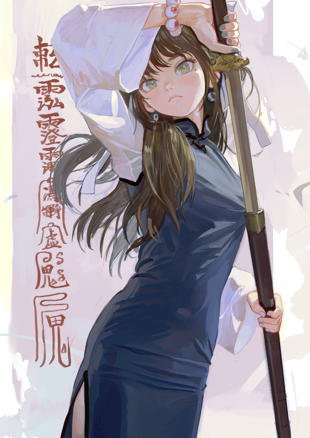 aqua_nails blue_dress bracelet brown_hair chinese_clothes chinese_text cropped_legs drawing_sword dress earrings eyeball_bracelet_girl_(fkey) fkey green_eyes hair_ribbon highres holding holding_sword holding_weapon jewelry long_hair looking_at_viewer mole mole_under_eye original ribbon sidelocks simple_background standing swept_bangs sword weapon wide_sleeves