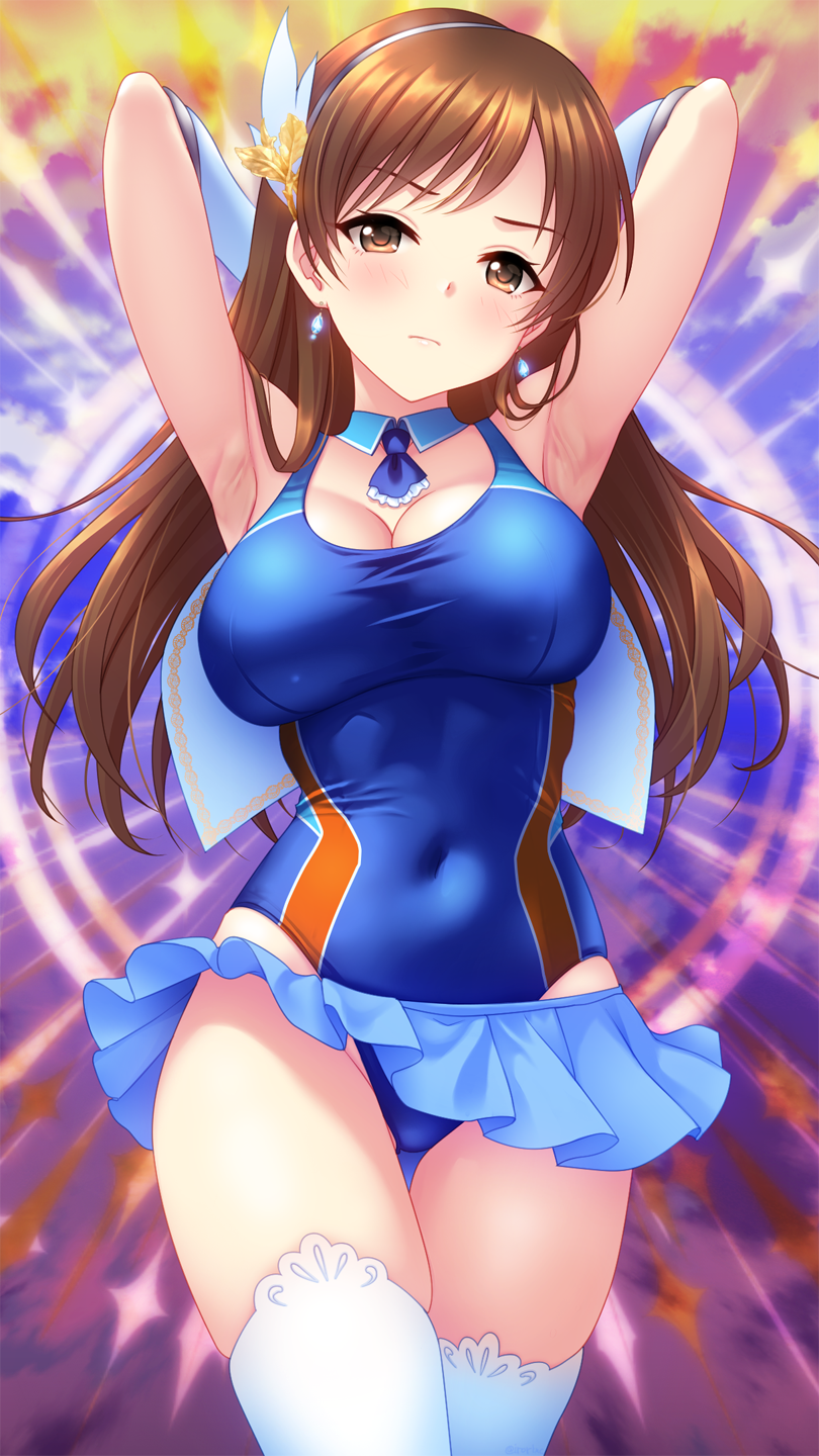 1girl animal_ears armpits arms_behind_head arms_up blue_skirt breasts brown_eyes brown_hair cape cleavage closed_mouth commentary_request competition_swimsuit covered_navel cowboy_shot detached_collar frilled_skirt frills gloves hair_ornament hairband highres idolmaster idolmaster_cinderella_girls irori_(irorixc) large_breasts light_blush long_hair looking_at_viewer magical_girl microskirt nitta_minami one-piece_swimsuit skirt solo swimsuit thighhighs white_cape white_gloves white_hairband white_thighhighs zettai_ryouiki