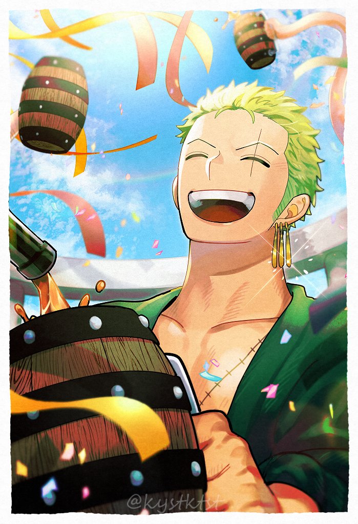 1boy beer_mug closed_eyes collarbone confetti cup earrings green_hair holding holding_cup jewelry kiyoshita male_focus mug muscular muscular_male one_piece open_mouth outdoors pectorals pouring roronoa_zoro scar scar_across_eye scar_on_chest short_hair smile solo streamers twitter_username