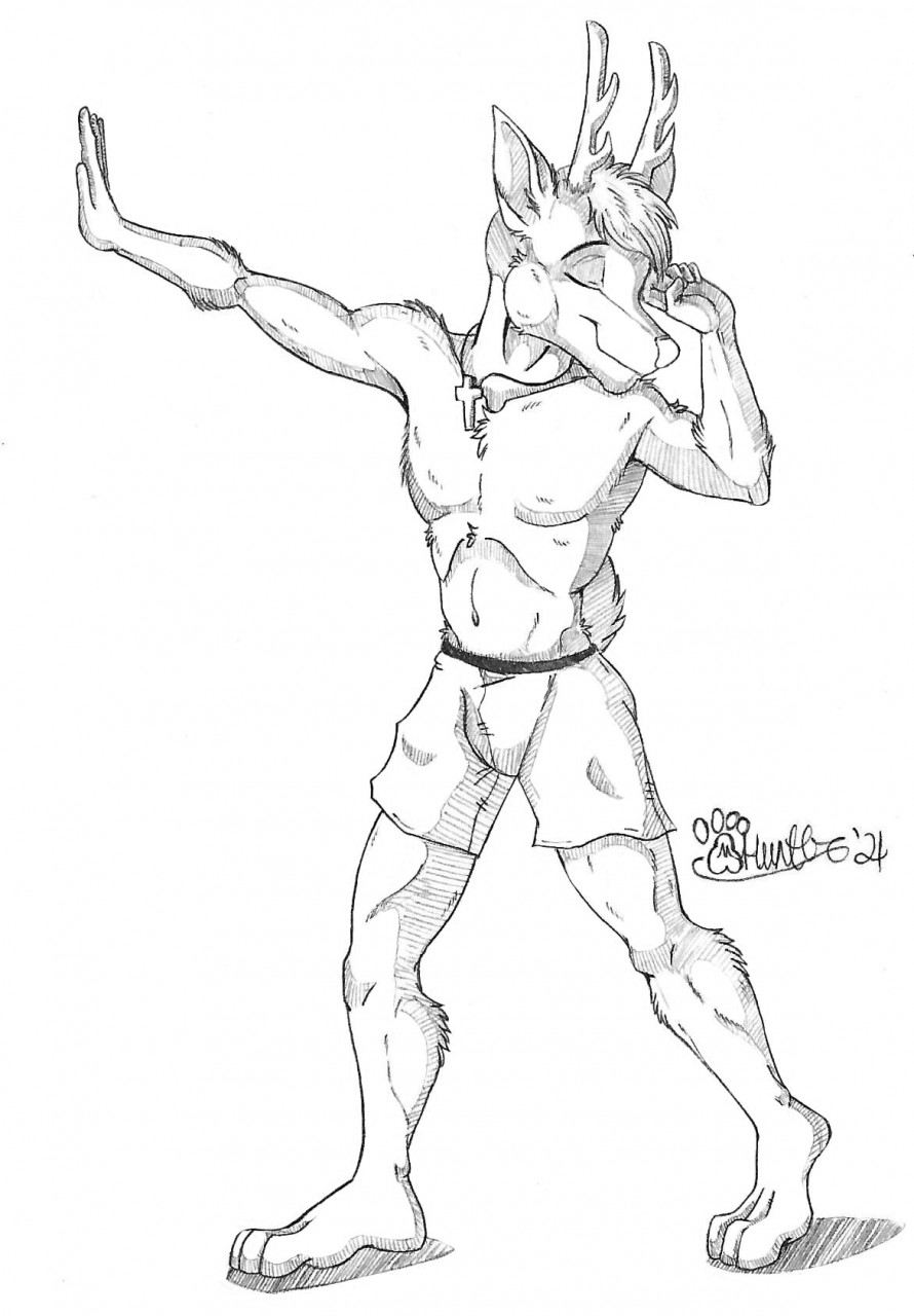 2021 anthro antlers boxers_(clothing) boxers_only clothed clothing cross cross_necklace deer eyes_closed fan_character fur hair head_turned hi_res horn jewelry looking_away male mammal marcushunter navel necklace open_palm pose reaching_out signature solo standing topless underwear underwear_only