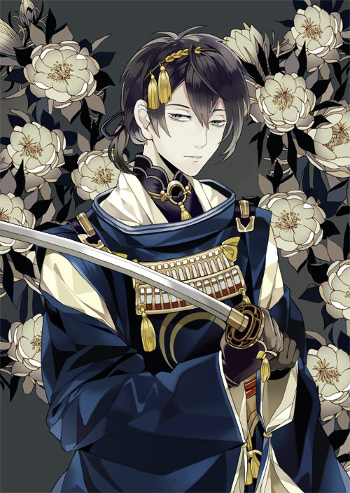 1boy armor black_gloves black_hair black_shirt blue_eyes blue_kimono commentary_request dou epiphyllum expressionless floral_background flower gloves grey_background hair_between_eyes hair_ornament holding holding_sword holding_weapon japanese_armor japanese_clothes kariginu kimono korean_commentary kote kurokote looking_at_viewer low_ponytail male_focus mikazuki_munechika parted_lips shirt short_hair slothm22 solo sword tachi_(weapon) tassel tassel_hair_ornament touken_ranbu upper_body weapon white_flower