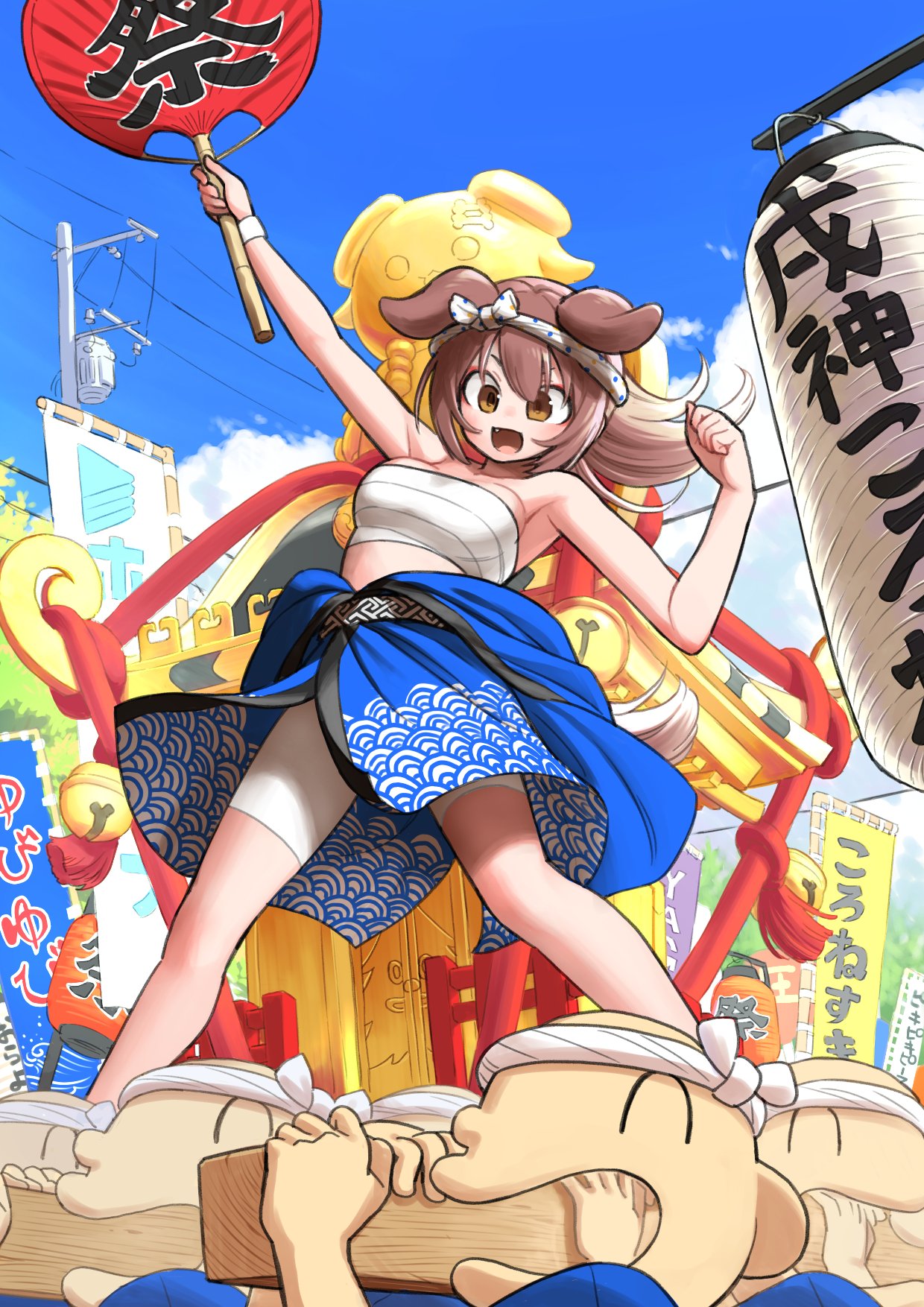 1girl 6+others animal_ears blue_sky breasts brown_eyes brown_hair carrying chest_sarashi cloud commentary_request dog_ears dog_girl flag hachimaki hand_fan headband highres hololive inugami_korone inugami_korone_(dog) lantern listener_(inugami_korone) medium_breasts multiple_others open_mouth paper_fan paper_lantern sabaku_chitai sarashi shorts sky smile translation_request tree uchiwa utility_pole virtual_youtuber white_shorts wristband