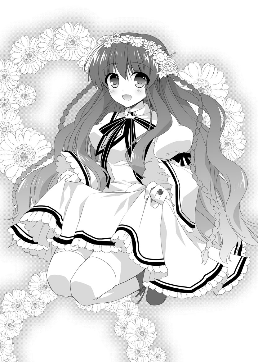 1girl :d blush boots braid clothes_lift commentary_request dress dress_lift floral_background flower flower_wreath frilled_dress frilled_sleeves frills fuyuichi greyscale hair_between_eyes happy head_wreath juliet_sleeves kanbe_kotori kazamatsuri_institute_high_school_uniform lifted_by_self long_hair long_sleeves looking_at_viewer midair monochrome open_mouth puffy_sleeves rewrite school_uniform sidelocks simple_background smile solo thighhighs twin_braids very_long_hair wavy_hair white_background white_thighhighs wide_sleeves