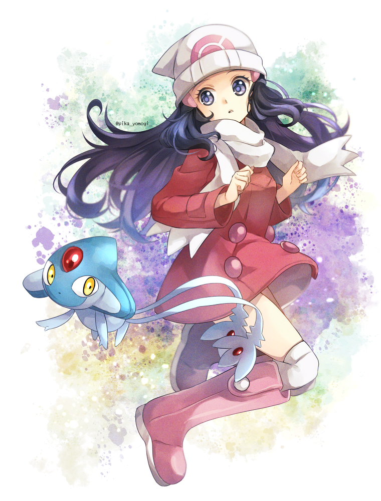 1girl azelf beanie black_hair boots buttons clenched_hands coat commentary_request dawn_(pokemon) eyelashes full_body grey_eyes hair_ornament hairclip hands_up hat long_hair long_sleeves over-kneehighs parted_lips pink_footwear pokemon pokemon_(creature) pokemon_(game) pokemon_dppt pokemon_platinum red_coat scarf sidelocks thighhighs white_headwear white_scarf yomogi_(black-elf)