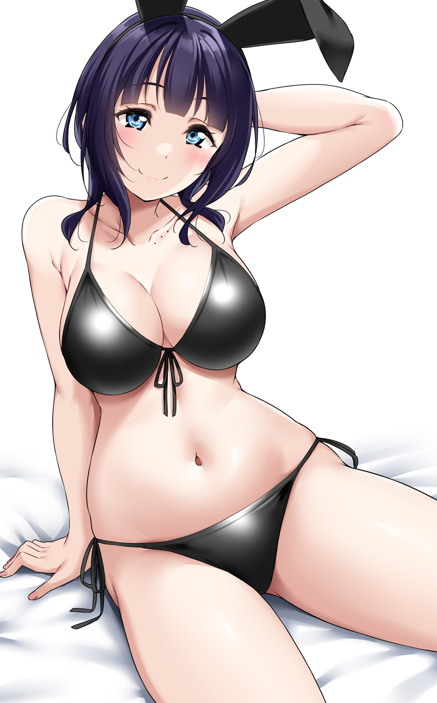 1girl animal_ears arm_behind_head asaka_karin bed_sheet bikini black_bikini black_hair blue_eyes blunt_bangs blush breasts cleavage closed_mouth collarbone fake_animal_ears highres large_breasts love_live! love_live!_nijigasaki_high_school_idol_club mole mole_on_collarbone multiple_moles navel rabbit_ears side-tie_bikini_bottom sitting smile solo stomach swimsuit thighs yopparai_oni