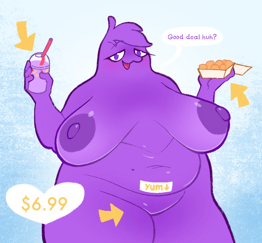 abstract_background anthro areola beauty_mark blush breasts dialogue english_text eyelashes female food grimace_(mcdonald's) grimace_birthday_shake kaboozey looking_at_viewer nipples nude obese overweight solo text