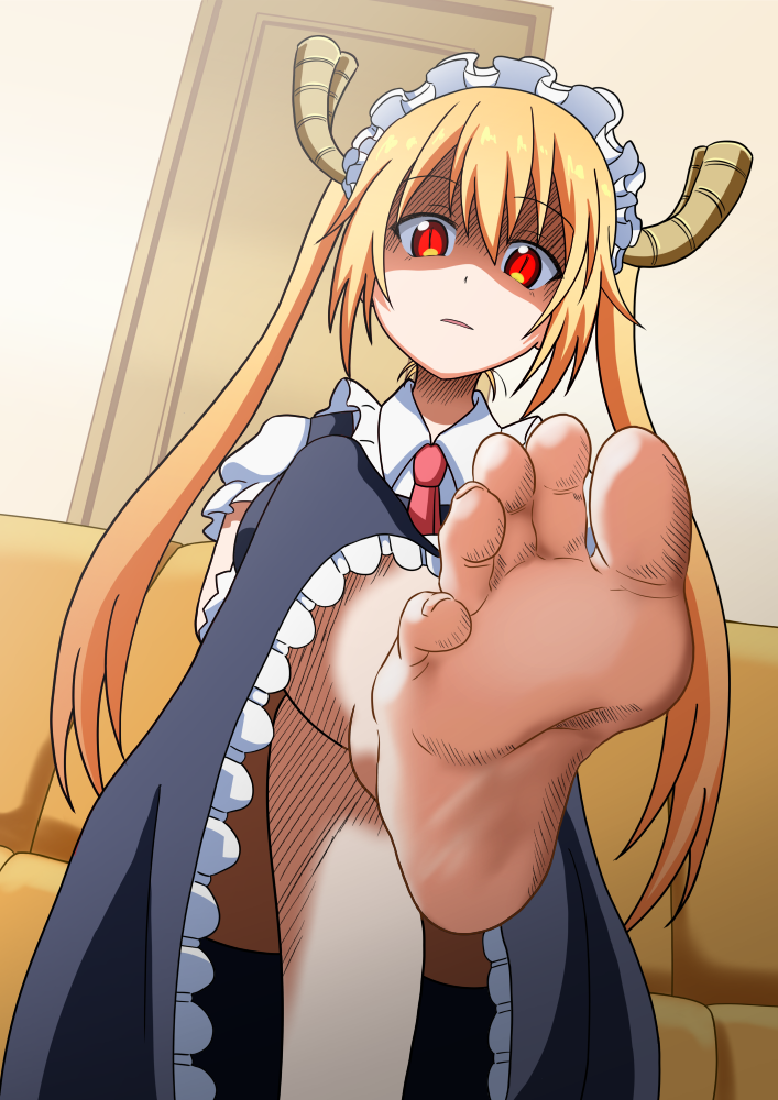 1girl barefoot black_dress blonde_hair breasts commentary_request couch crossed_arms crossed_legs disdain door dragon_horns dress feet foot_focus foot_out_of_frame hair_between_eyes horns indoors kobayashi-san_chi_no_maidragon large_breasts legs long_hair looking_at_viewer looking_down maid maid_headdress necktie nush_advance on_couch parted_lips partial_commentary red_eyes red_necktie shaded_face sitting slit_pupils soles solo toenails toes tohru_(maidragon) twintails upskirt very_long_hair
