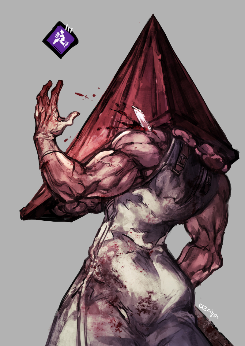 1boy ass azaya_(kuroi_azaya) bare_arms blood blood_on_clothes blood_on_hands blood_splatter commentary_request dead_by_daylight facing_ahead from_behind gameplay_mechanics gloves grey_background impaled injury male_focus monster_boy muscular muscular_male object_head pyramid_head silent_hill_(series) silent_hill_2 simple_background solo veins veiny_arms