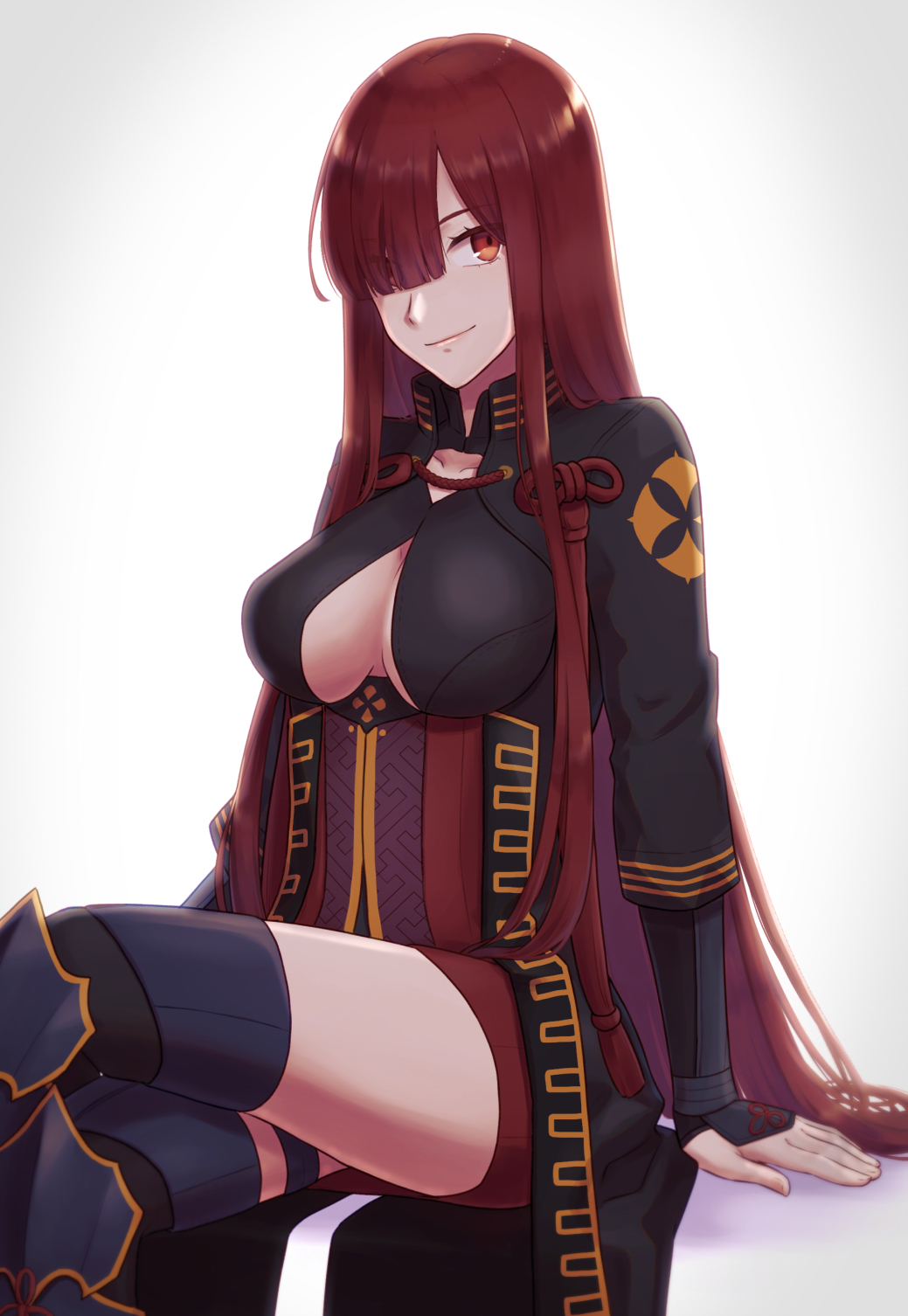 1girl alternate_costume breasts cleavage fate/grand_order fate_(series) highres long_hair oda_nobunaga_(fate) oda_nobunaga_(maou_avenger)_(fate) okita_souji_(fate) okita_souji_alter_(fate) red_eyes red_hair simple_background sitting smile solo very_long_hair white_background yzrh0
