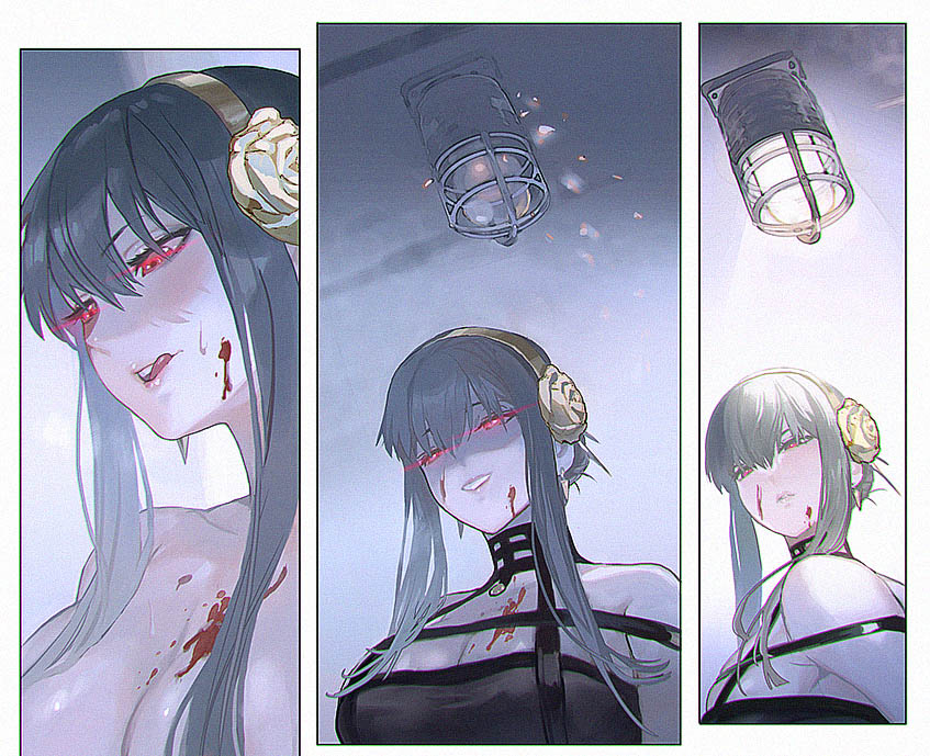 1girl bare_shoulders black_hair blood blood_on_face blush breasts cleavage dress earrings flower hair_ornament hairband jewelry large_breasts long_hair looking_at_viewer maeshima_shigeki red_eyes sidelocks smile solo spy_x_family upper_body yor_briar