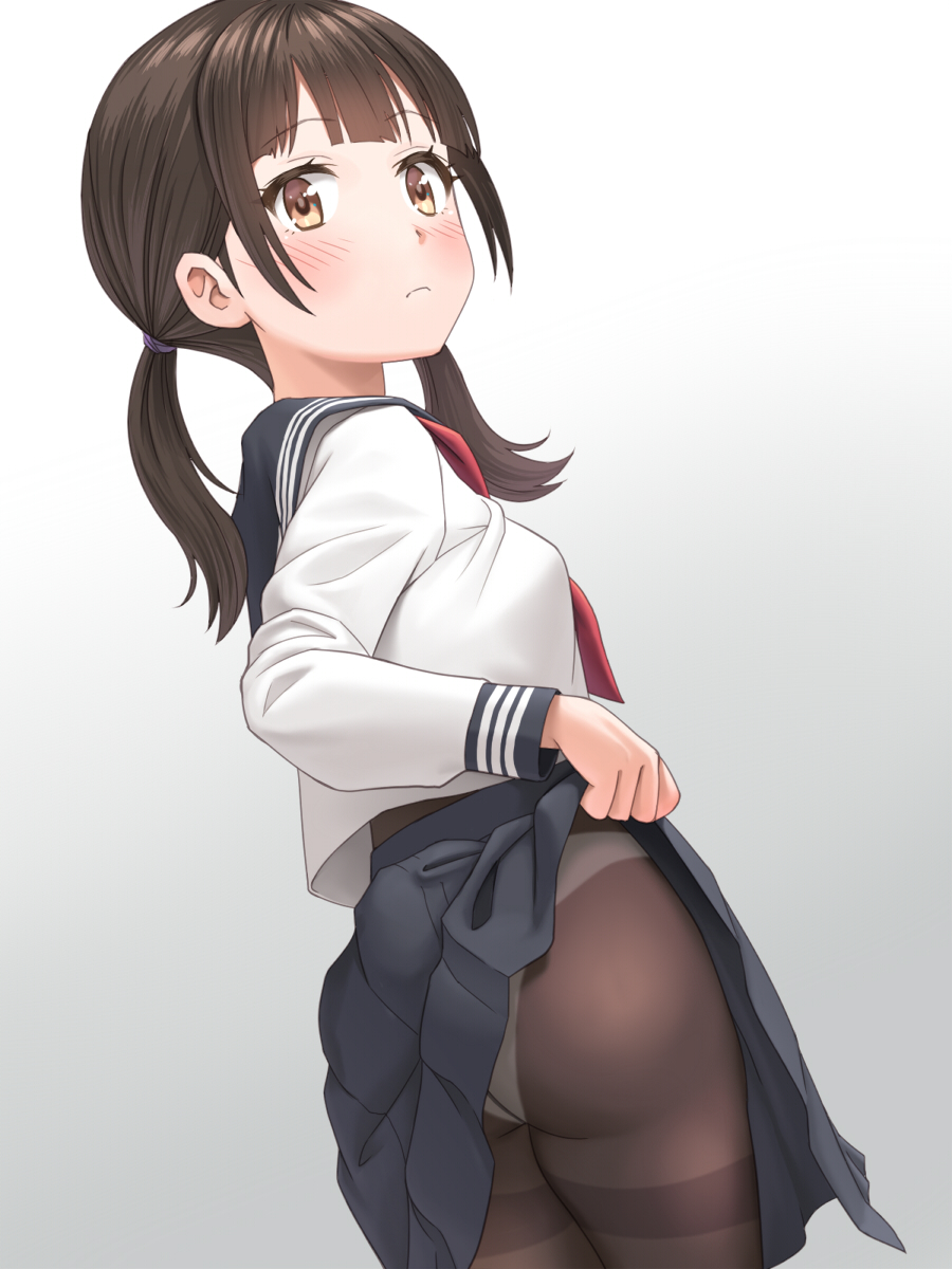 1girl black_sailor_collar black_skirt blush brown_eyes brown_hair brown_pantyhose closed_mouth clothes_lift commentary_request gradient_background grey_background highres lifted_by_self long_sleeves looking_at_viewer meow_(nekodenki) neckerchief original panties panties_under_pantyhose pantyhose red_neckerchief sailor_collar school_uniform serafuku shirt short_hair skirt skirt_lift solo twintails underwear white_panties white_shirt