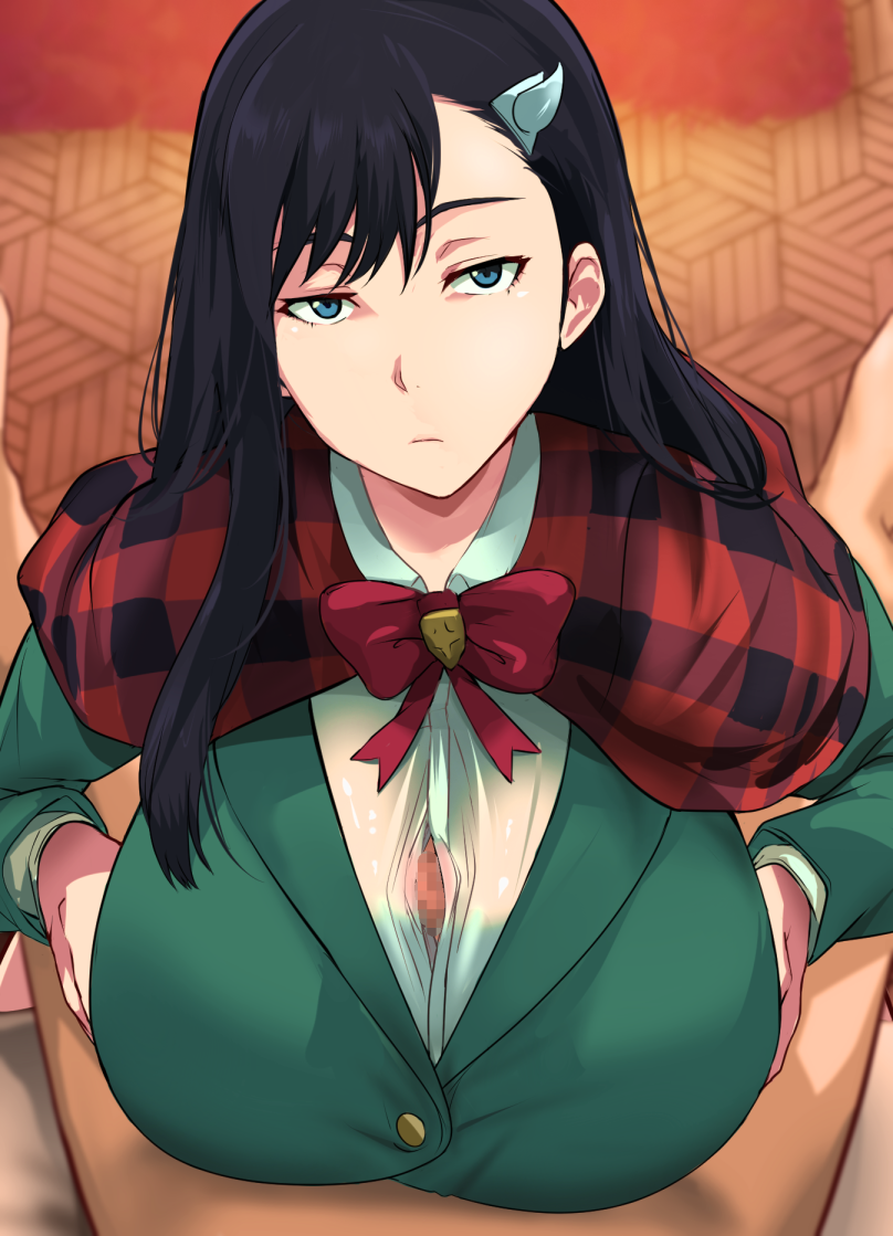 1boy 1girl black_hair blue_eyes bow bowtie breasts burn_the_witch cafekun censored closed_mouth expressionless green_jacket green_shirt hair_ornament jacket large_breasts long_hair long_sleeves looking_at_viewer mosaic_censoring niihashi_noel paizuri paizuri_under_clothes penis pov red_bow red_bowtie shirt solo_focus