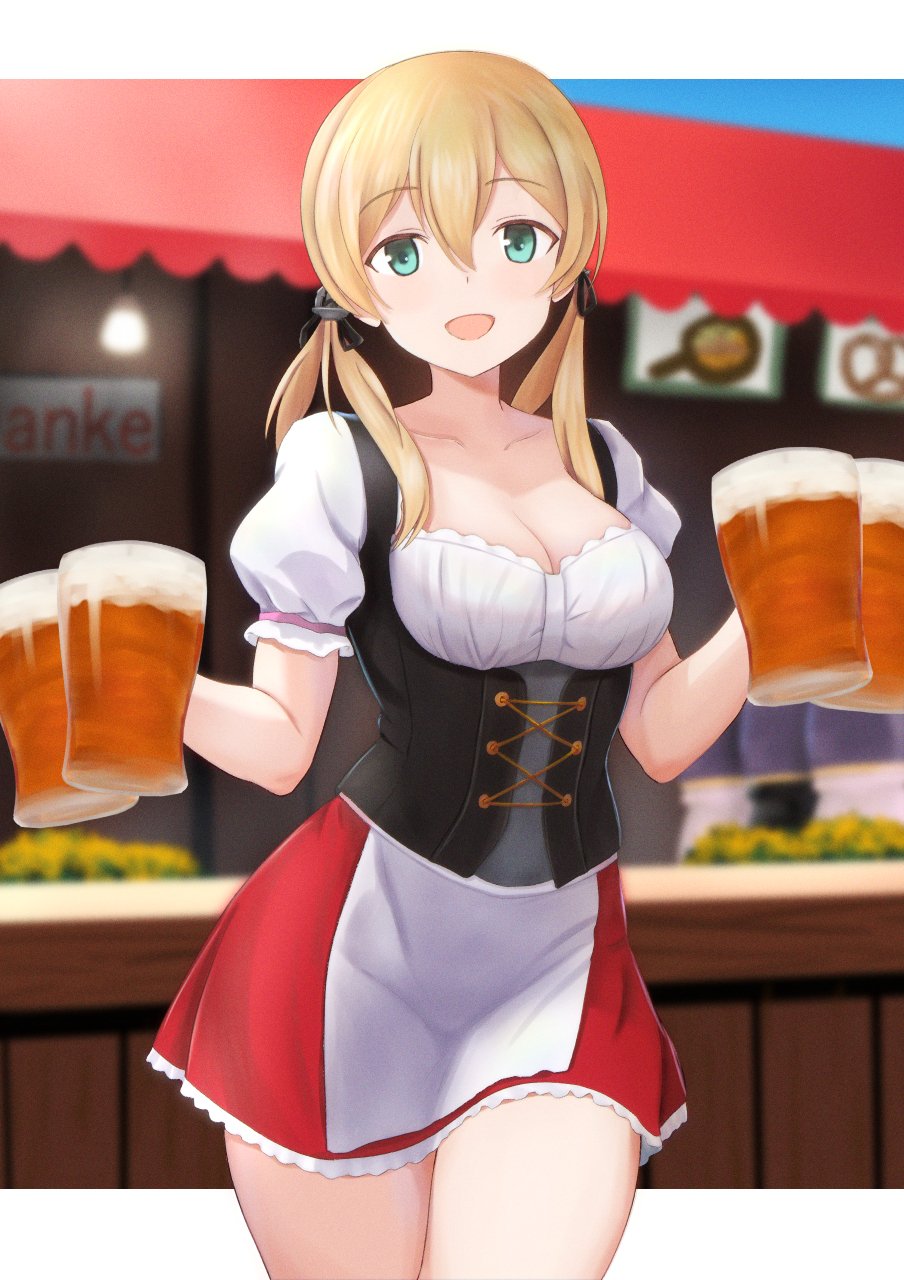 1girl alternate_costume anchor_hair_ornament aqua_eyes barmaid beer_mug blonde_hair breasts cleavage cowboy_shot cup dirndl frilled_skirt frills german_clothes hair_ornament highres holding holding_cup kantai_collection kotou_yogen long_hair low_twintails medium_breasts mug oktoberfest open_mouth prinz_eugen_(kancolle) red_skirt skirt solo twintails underbust