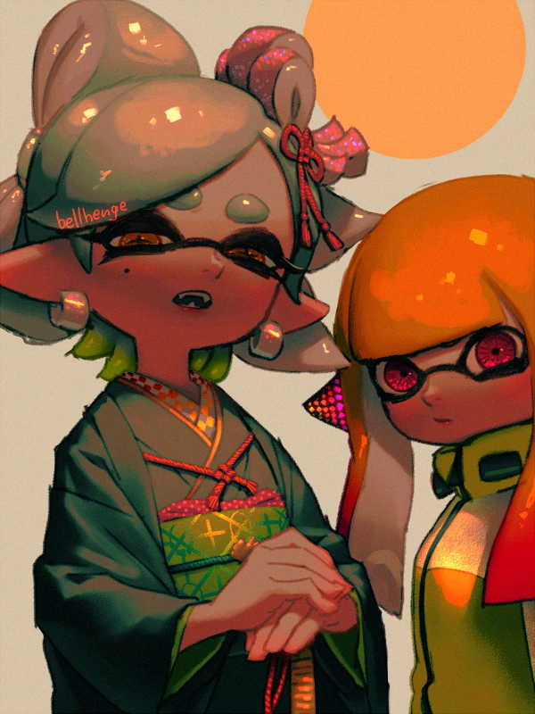 2girls agent_4_(splatoon) anniversary artist_name bellhenge black_kimono blunt_bangs bow-shaped_hair cephalopod_eyes closed_mouth collared_jacket commentary english_commentary fangs flower_knot food food-themed_hair_ornament frown green_jacket green_sash grey_background grey_hair hair_ornament hair_ribbon half-closed_eyes high_collar hoop_piercing inkling inkling_girl jacket japanese_clothes kimono long_eyelashes long_sleeves looking_at_viewer marie_(splatoon) medium_hair mole mole_under_eye multicolored_clothes multicolored_jacket multiple_girls obi open_mouth orange_eyes orange_hair own_hands_together pink_eyes pointy_ears red_ribbon ribbon sash short_hair silver_earrings spiked_hair splatoon_(series) splatoon_2 sushi tassel tassel_hair_ornament tentacle_hair thick_eyebrows two-tone_jacket upper_body white_jacket wide_sleeves zipper