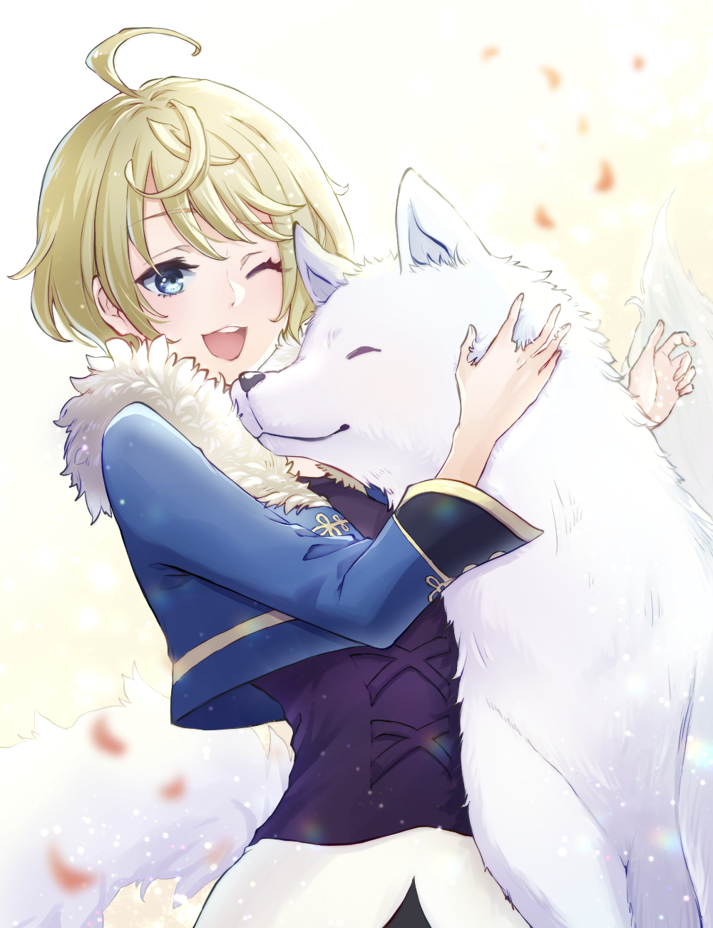 1girl animal blonde_hair blue_eyes fire_emblem fire_emblem_engage fur_trim highres holding holding_animal long_sleeves merrin_(fire_emblem) one_eye_closed open_mouth short_hair simple_background smile solo wolf