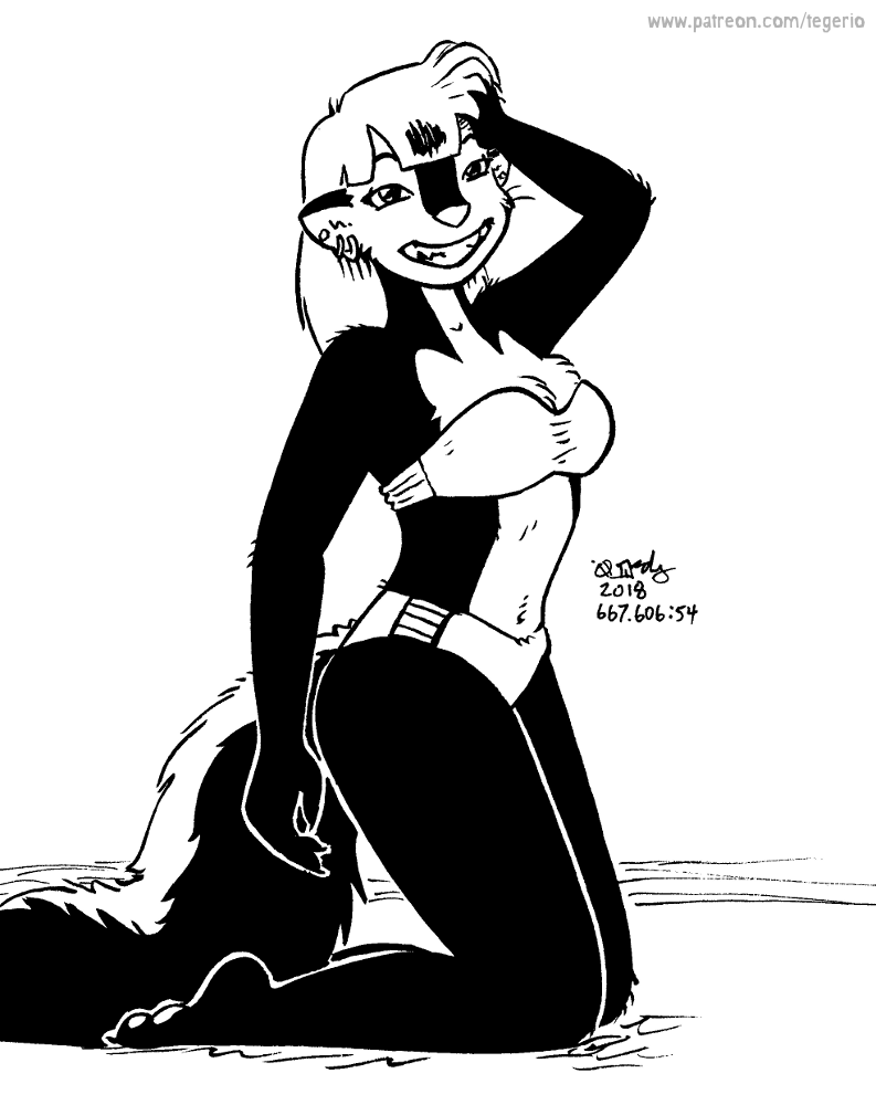 2018 anthro bikini black_and_white breasts clothed clothing ear_piercing ear_ring female fur grin hair kelly_o'dor kneeling mammal mephitid monochrome navel piercing pinup pose ring_piercing skunk smile solo striped_skunk swimwear tegerio whiskers zandar's_saga