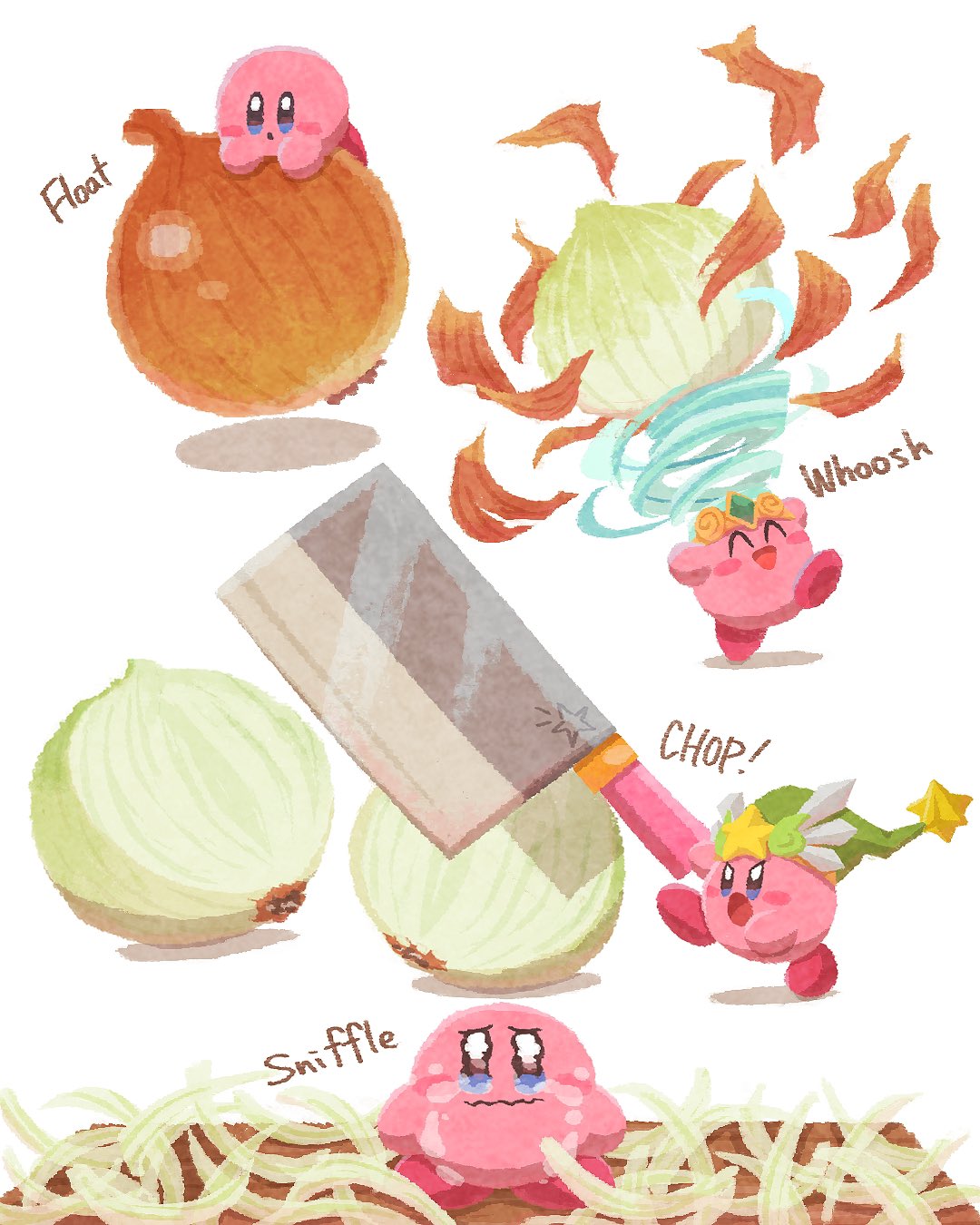 :d :o ^_^ arms_up blue_eyes blush blush_stickers closed_eyes closed_mouth commentary copy_ability crying crying_with_eyes_open cutting_board cutting_onions english_commentary green_headwear hat highres holding holding_knife kirby kirby_(series) knife looking_at_viewer miclot multiple_views onion open_mouth simple_background smile sound_effects star_(symbol) tears tornado_kirby ultra_sword v-shaped_eyebrows wavy_mouth white_background wind