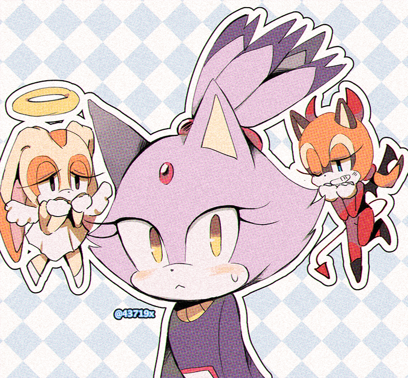 3girls angel angel_and_devil blaze_the_cat blue_eyes brown_eyes cat_girl checkered_background cream_the_rabbit eyelashes forehead_jewel gold_necklace halo jacket jewelry marine_the_raccoon multiple_girls naughty_face necklace ponytail purple_jacket rabbit_girl raccoon_girl rellyia sonic_(series) sweatdrop worried yellow_eyes