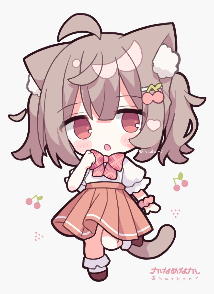 1girl :o ahoge animal_ear_fluff animal_ears blush_stickers bow brown_footwear brown_hair brown_skirt cat_ears cat_girl cat_tail cherry_hair_ornament chibi commentary_request food-themed_hair_ornament full_body grey_background hair_between_eyes hair_ornament hairclip hand_up highres looking_at_viewer nakkar original parted_lips pink_bow pink_scrunchie plaid plaid_bow pleated_skirt puffy_short_sleeves puffy_sleeves red_eyes scrunchie shirt shoes short_sleeves simple_background skirt socks solo standing standing_on_one_leg tail twintails twitter_username white_shirt white_socks wrist_scrunchie