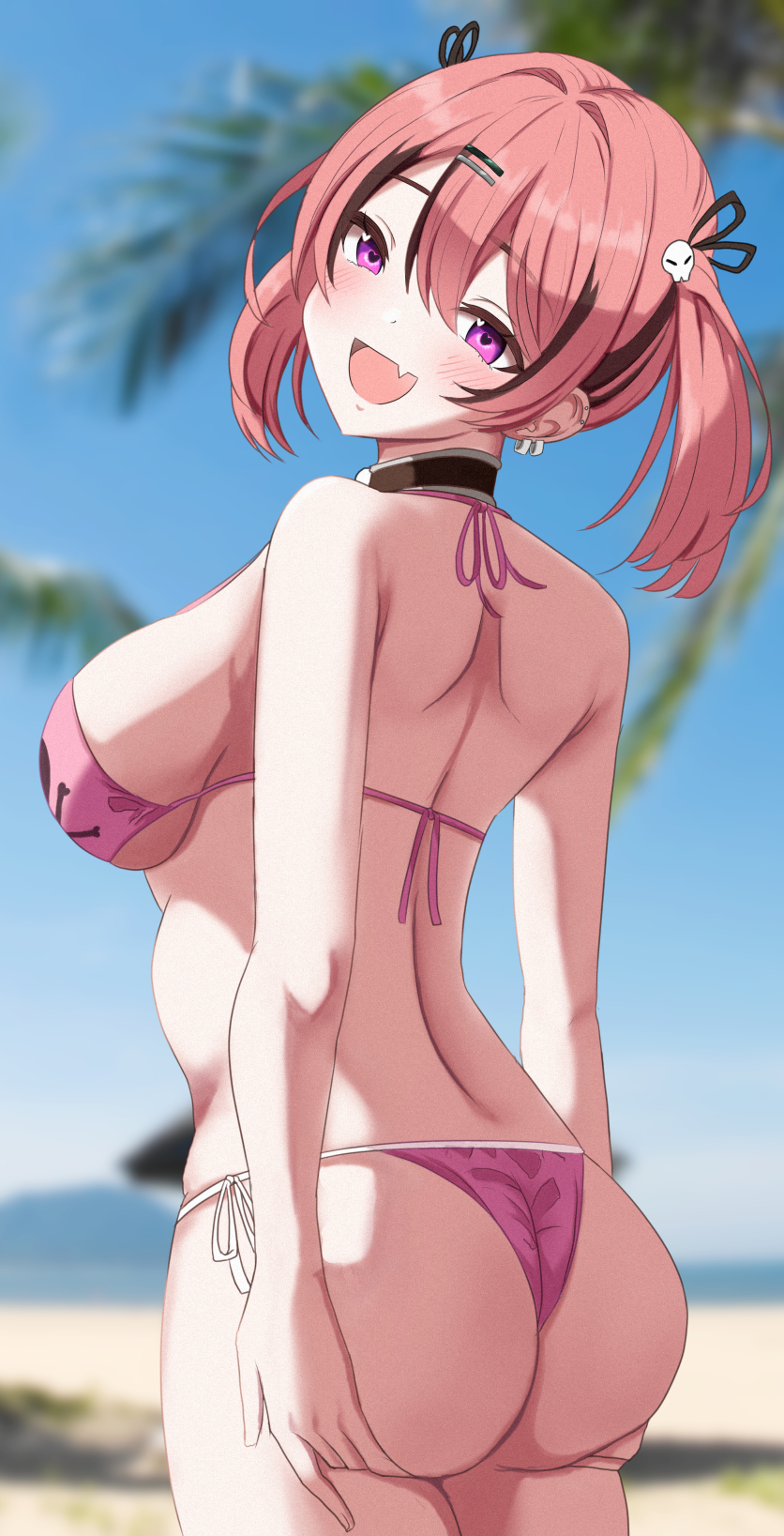 1girl ass back backboob bare_arms bare_shoulders bikini black_choker breasts choker ear_piercing foguma goddess_of_victory:_nikke hair_ornament hairclip hand_on_own_ass highres large_breasts looking_at_viewer mast_(a_pirate's_heart)_(nikke) mast_(nikke) multicolored_hair open_mouth piercing pink_bikini pink_hair skull_hair_ornament smile solo streaked_hair swimsuit tagme twintails