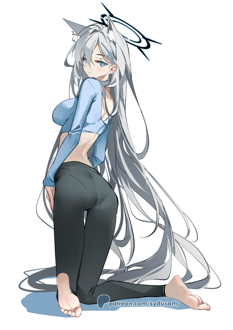 1girl animal_ears blue_archive blue_eyes closed_mouth extra_ears full_body grey_hair long_hair shiroko_(blue_archive) shiroko_terror_(blue_archive) simple_background solo sydus white_background wolf_ears