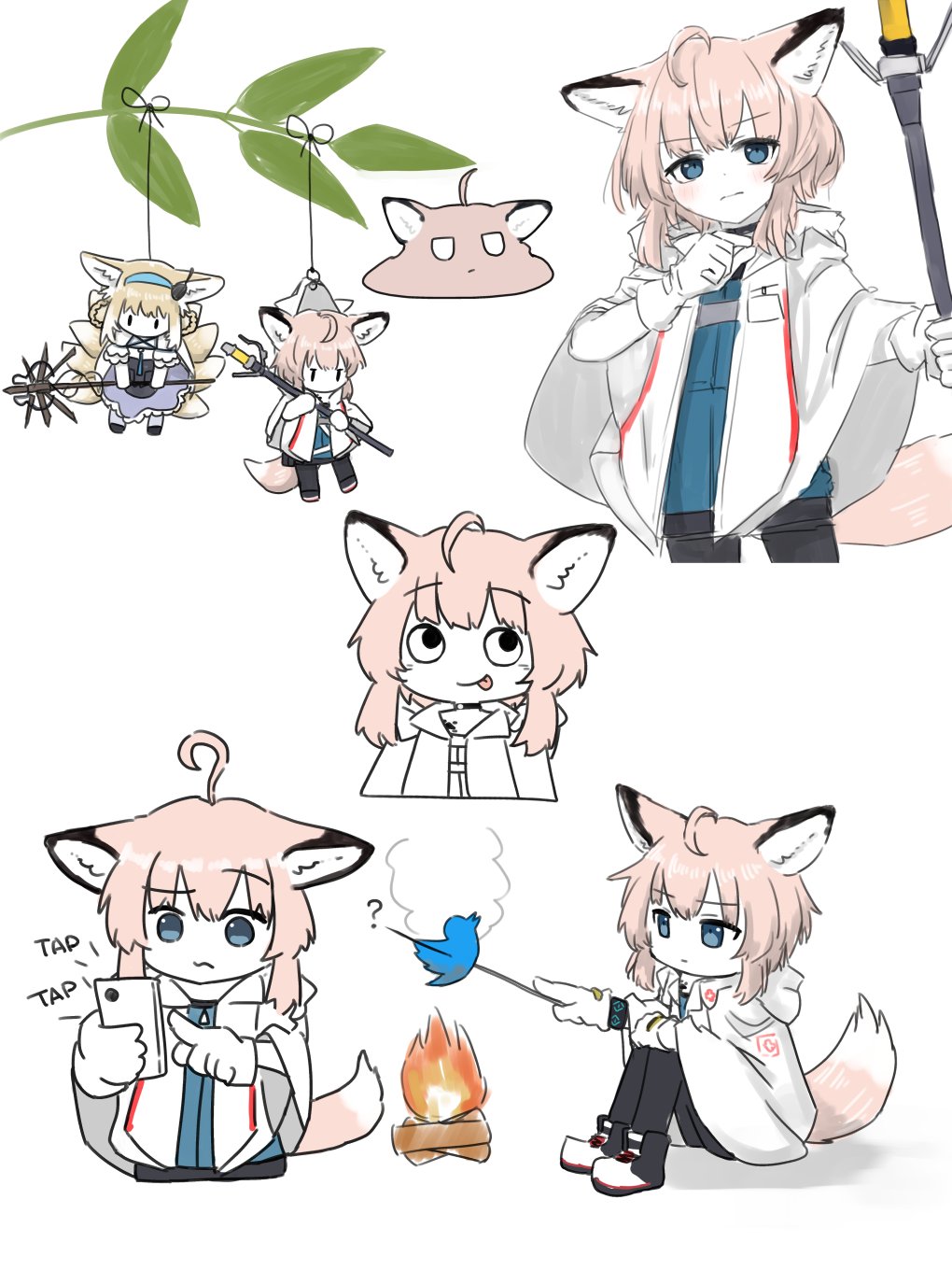 2girls :p ? ahoge animal_ear_fluff animal_ears arknights blob blonde_hair blue_hairband campfire cellphone coat dress fox_ears fox_girl fox_tail gloves hairband highres holding holding_phone holding_staff honkai_(series) honkai_impact_3rd kamihine kitsune kyuubi meme multiple_girls multiple_tails multiple_views phone pink_hair purple_dress roasting simple_background smartphone staff sussurro_(arknights) suzuran_(arknights) tail tanabata teri_derp_(meme) tongue tongue_out twitter twitter_bird white_background white_coat white_gloves